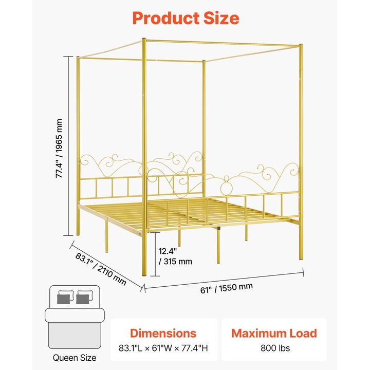 Cadru pat cu baldachin Queen, VEVOR, metal, design minimalist, suport din otel, aurie, dimensiuni 2110x1550x1965mm