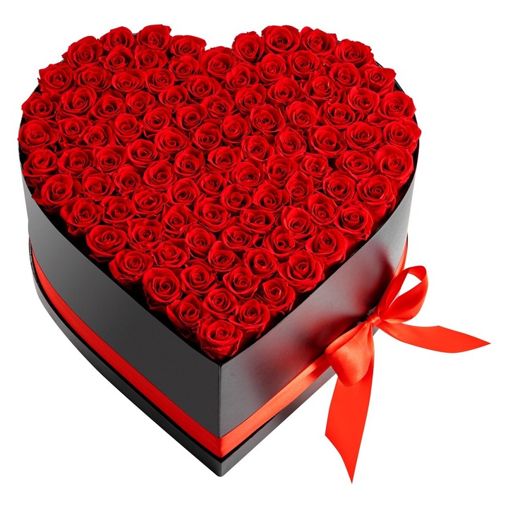 Buchet de flori eterne, 100 trandafiri rosii, cutie in forma de inima, 375x383x220mm, cadou pentru aniversari, Valentine's Day, Craciun