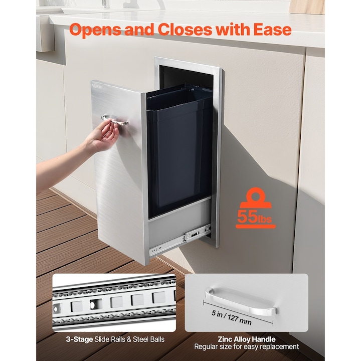 Sertar de gunoi pentru bucatarie exterioara, VEVOR, inox, 13.54"x19.61"x25.79", capacitate maxima 25 kg, margini rotunjite