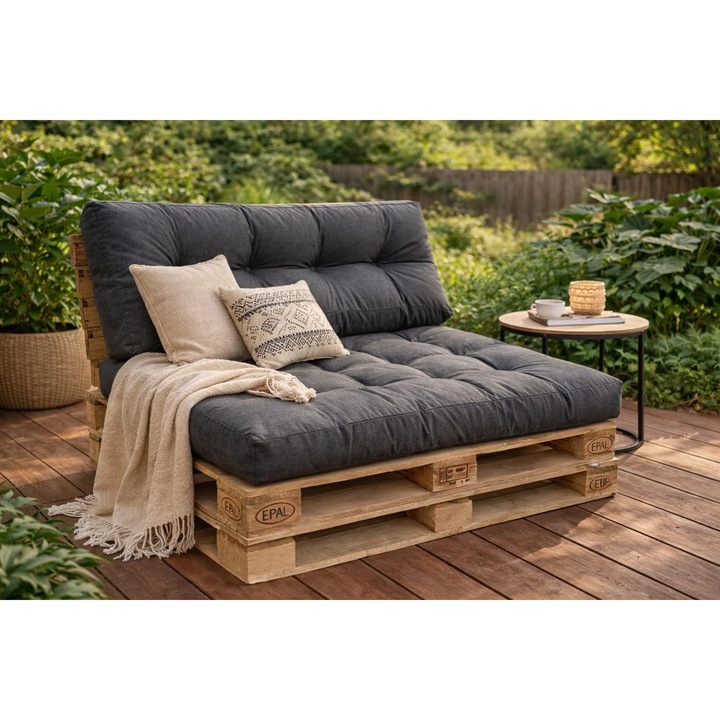 Set perne paleti TextiLici – Pallet Soft Seating, Negru, pentru gradina/terasa, spatar 45×120 cm + sezut 80×120 cm
