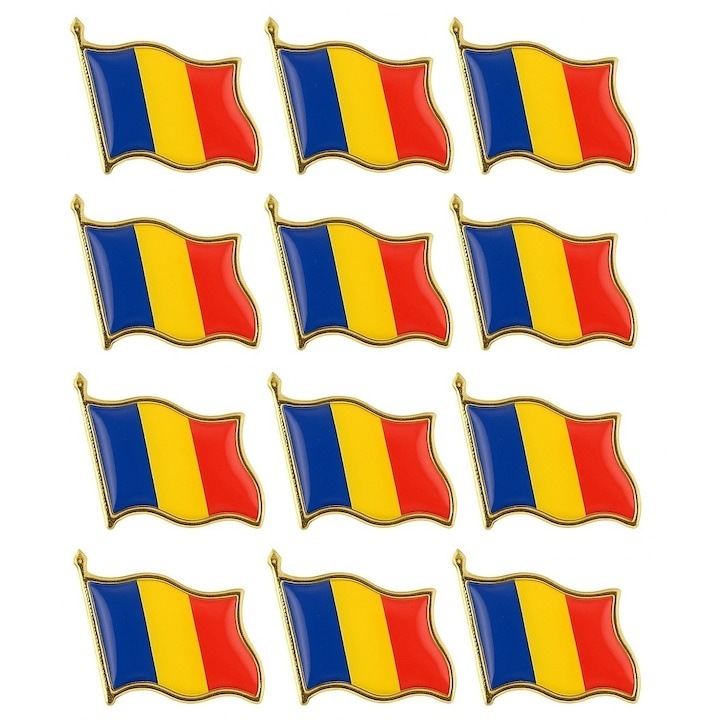 Set 12 insigne steag tricolor Romania metal auriu email, brosa cu ac de siguranta, 20 x 20 mm