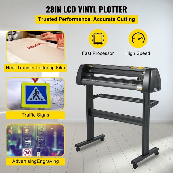 VEVOR 28" vinilvágó gép, maximális vágási szélesség 630mm, papíradagolás 720mm, állvánnyal