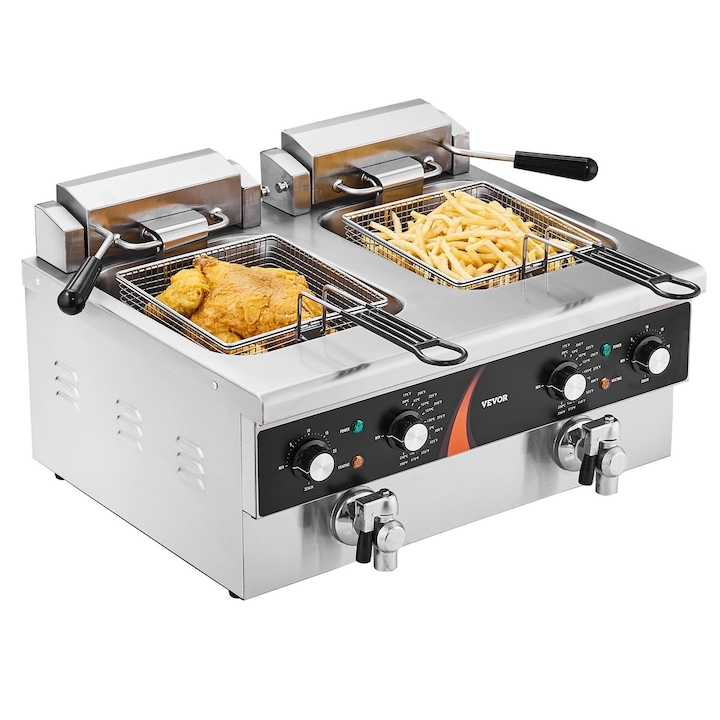 Friteuza comerciala VEVOR, electrica, cu 2 tancuri, 2x9Qt/8.5L, din otel inoxidabil, control timp si temperatura, capacitate mare