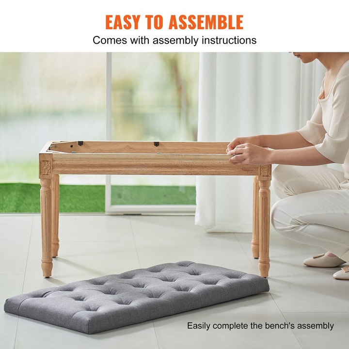 Banca tapitata, VEVOR, 16"W, gri, 800x400x480mm, cu perne din spuma si picioare din lemn de cauciuc