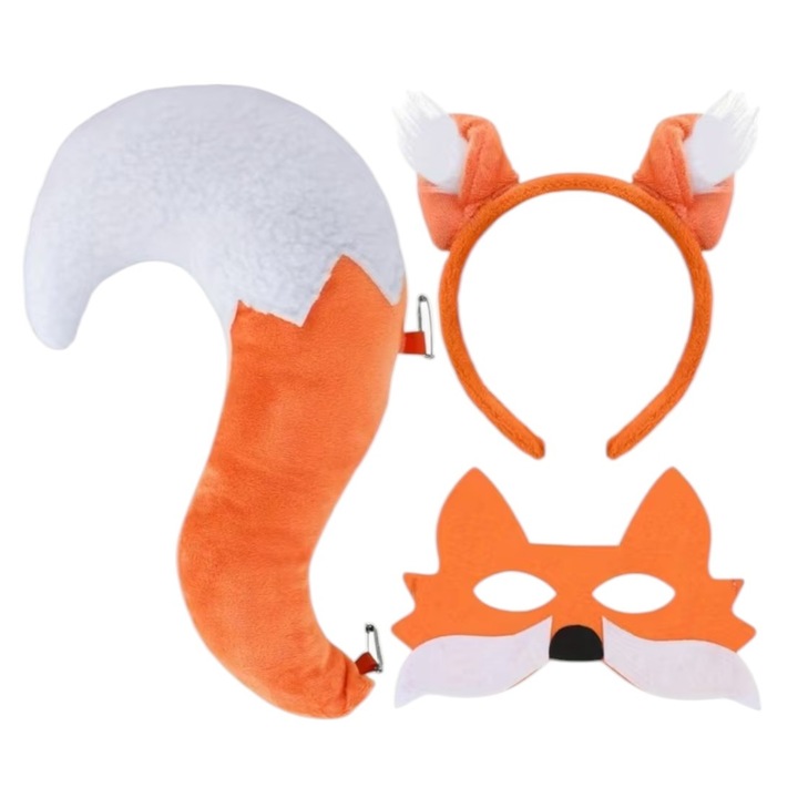 Set 3 accesorii costum vulpe, portocaliu cu alb, coada, urechi si masca, marime universala