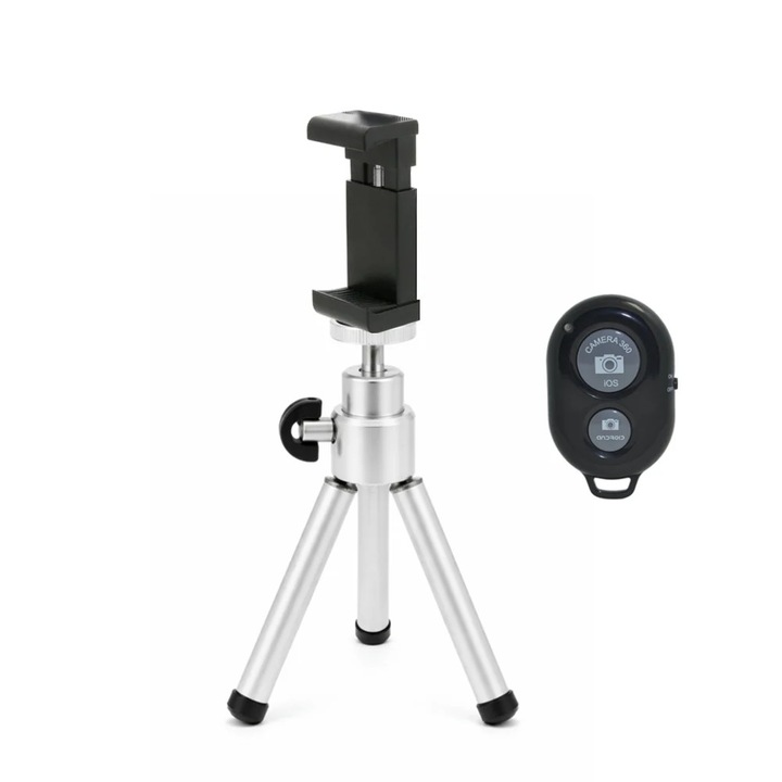 Mini trepied extensibil din aluminiu pentru telefon cu suport fix vertical si prindere cu arc, telecomanda Bluetooth, montura 1/4 inch, 13.5–19.5 cm