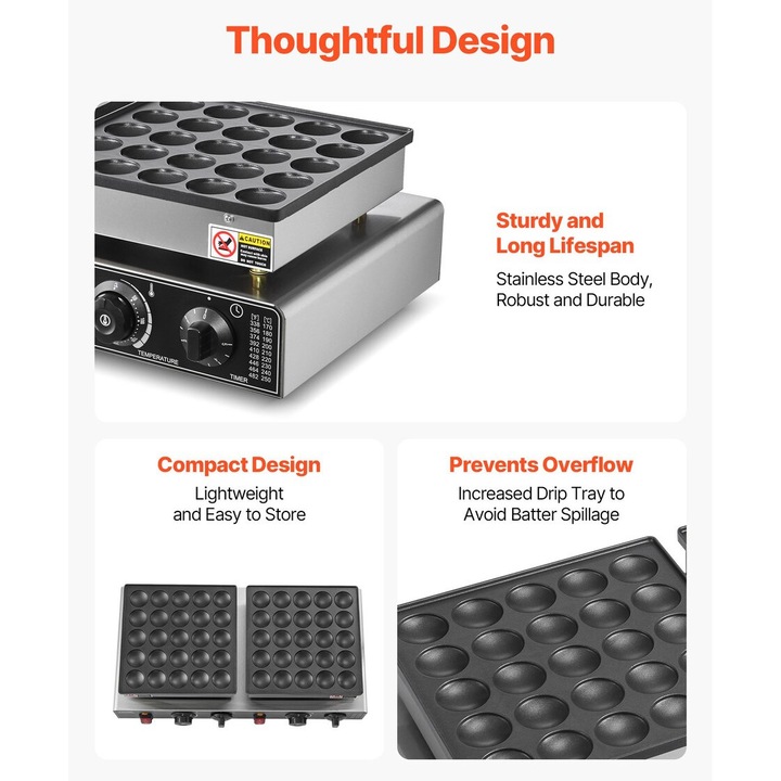 Masina de gatit clatite olandeze, VEVOR, 50PCS, inox, 1800W, 580x350x175mm, argintie