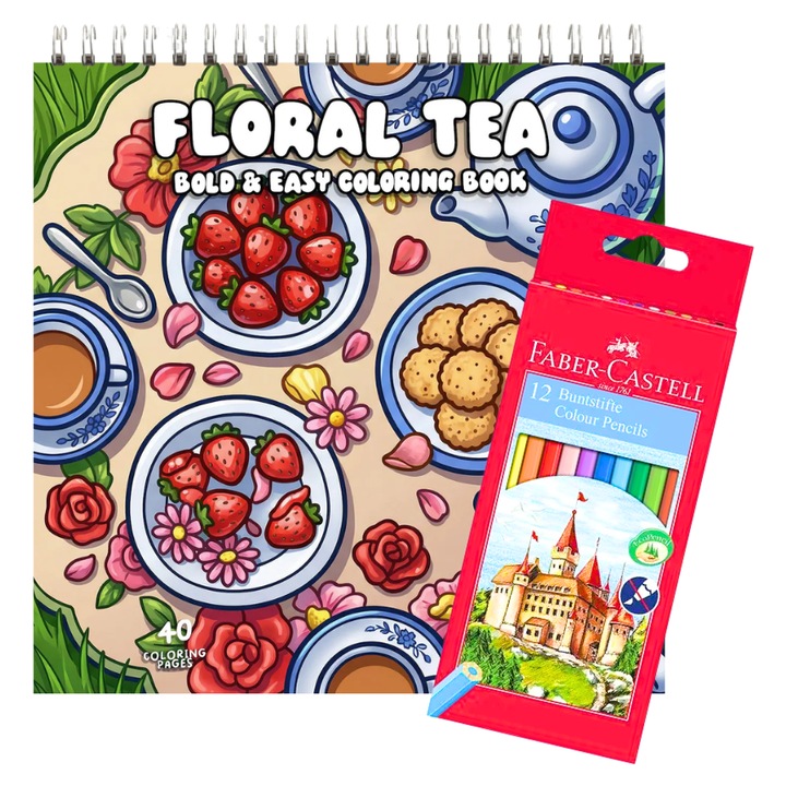 Set Creativ Antistres pentru Adulti – Carte de Colorat Floral Tea 40 Ilustratii + 12 Creioane Faber-Castell