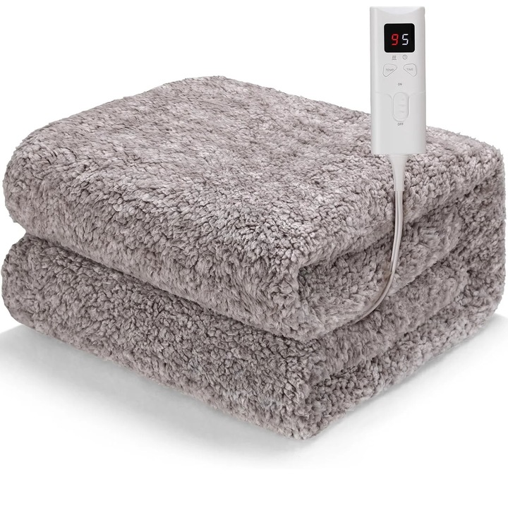 Patura electrica, patura incalzita, 130x180 cm, imitatie blana de miel, 9 trepte de temperatura, timer 1–5 h, oprire automata, priza UE, gri inchis