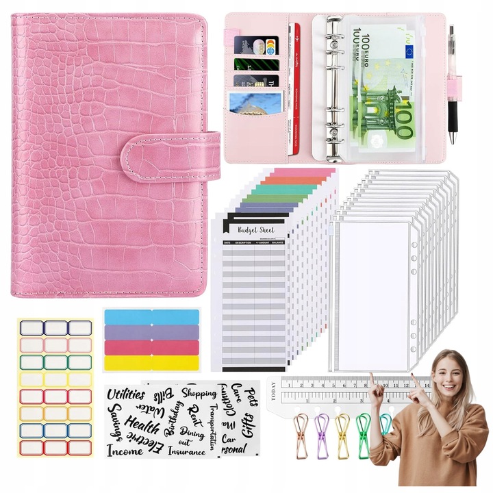 Planer buget A6, 12 cosuri, 12 foi bugetare, 7 clipsuri, 2 etichete, 1 rigla, 4 notite autoadezive, roz
