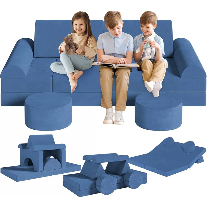 Canapea modulara pentru copii, Set canapea sectionala, Spuma si perna de podea, Convertibila in fort de joaca, Pentru copii mici si camera de joaca, 143x45x70 cm, Albastru