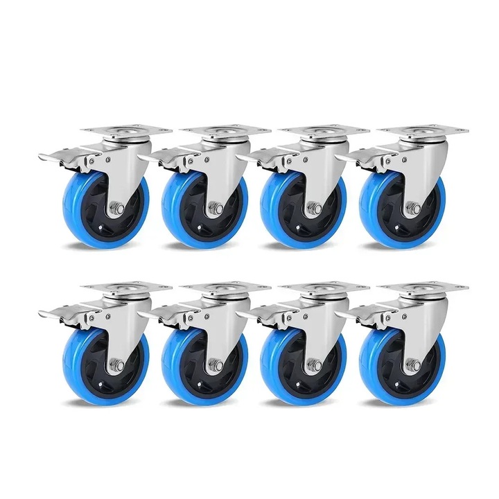 Roti Pivotante, Role Mobilier Cu Frana, Set 8 Bucati, 100 mm (10 cm), 150 kg Pe Roata, Poliuretan, Galben