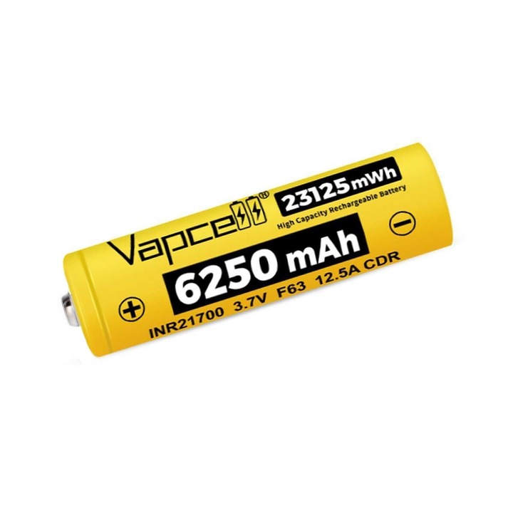 Acumulator 21700 Vapcell F63, button top, capacitate 6250 mAh, intensitate 12.5A, 3.7V, cu protectie