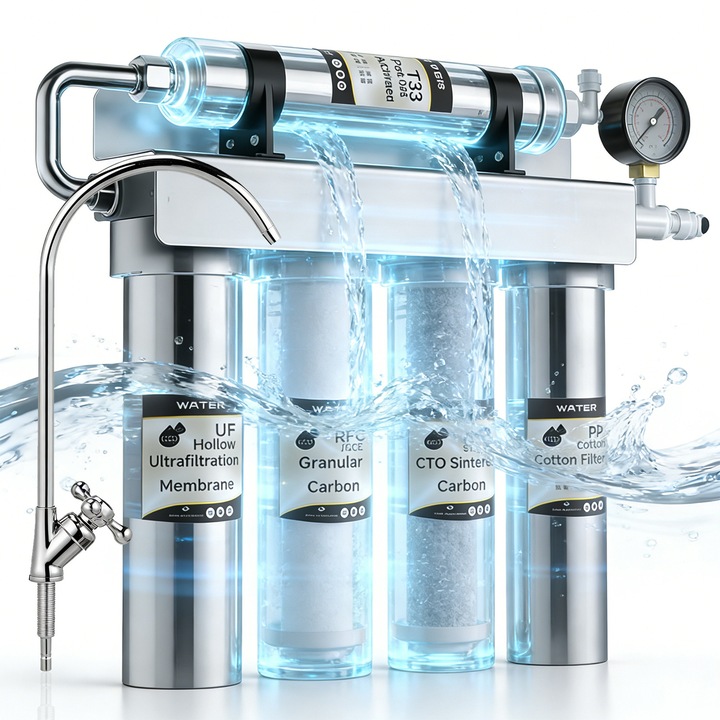 Filtru de Apa cu Ultrafiltrare, Hompany®, 5 Stagii de Filtrare, 0.01 Microni, Debit 280L/h, Otel Inoxidabil 304, Filtre PP, Carbon Activ, Rasina, Ultrafiltrare, Carbon Final, Sistem Profesional de Filtrare al Apei, Robinet si Accesorii Incluse