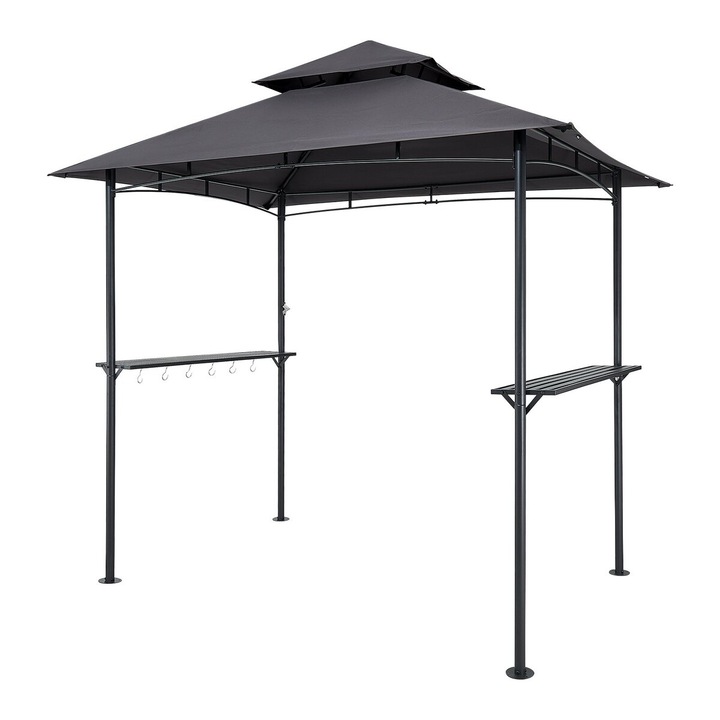 Gratar Gazebo, VEVOR, 2.43 x 1.5 m, acoperis cu doua niveluri, gri inchis, metal