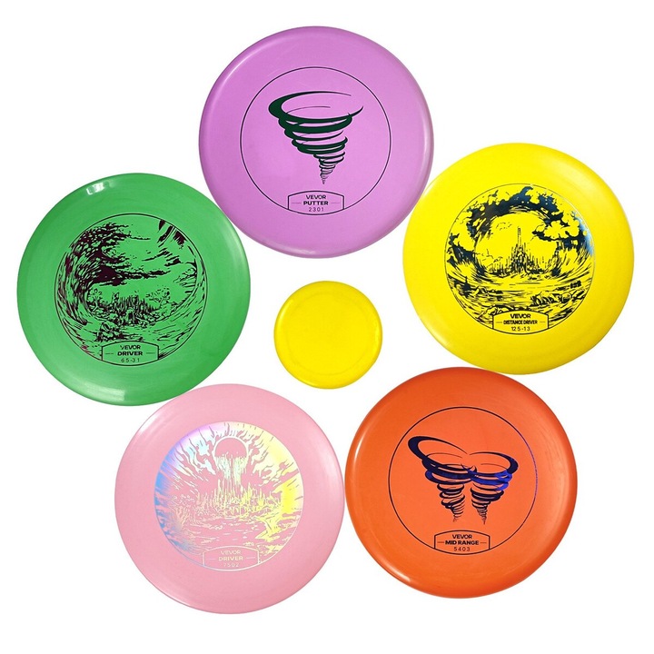 Set Disc Golf 5+1 Piese, VEVOR, Discuri pentru Incepatori, Design Rezistent, Dimensiuni 8.3x0.7 in, 8.26x0.7 in, 8.38x0.7 in, 8.26x0.87 in