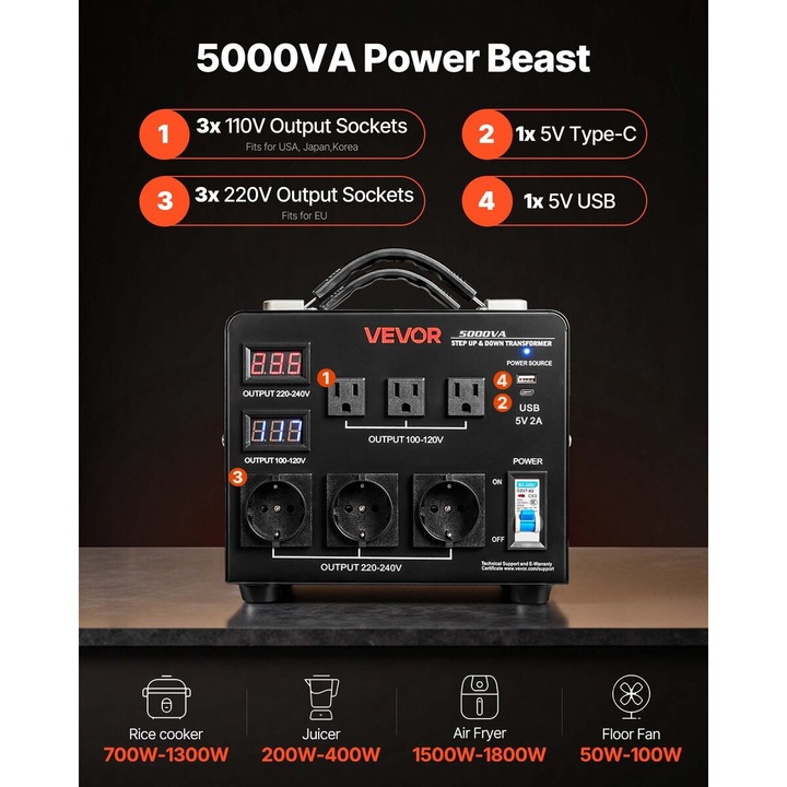Transformator Auto VEVOR 5000VA, 110V-220V, 3 prize US, 3 prize EU, protectie suprasarcina
