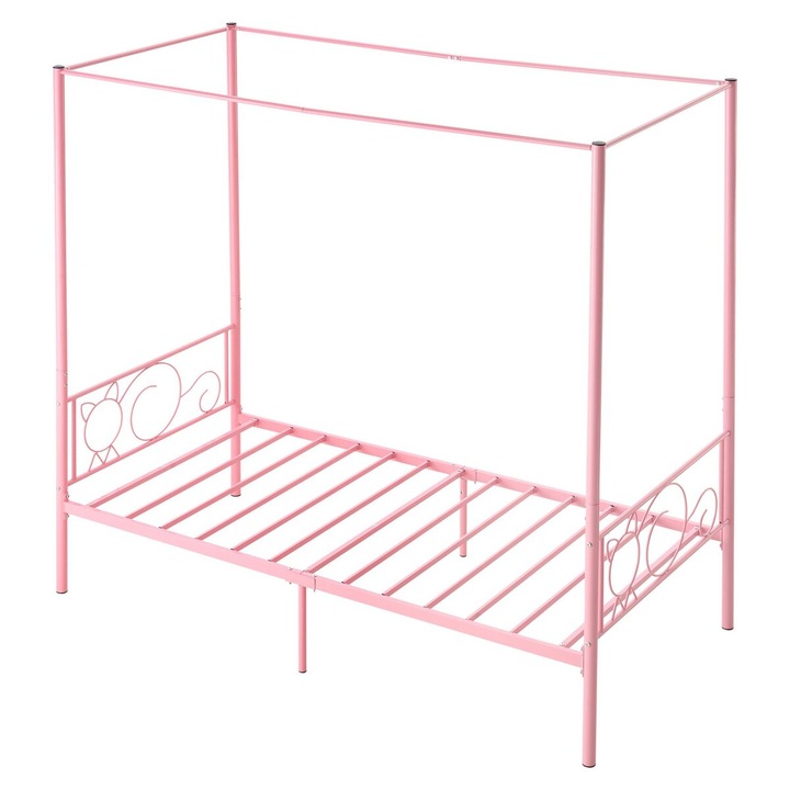 Cadru de pat cu baldachin Twin, VEVOR, metalic, roz, dimensiuni 1985x1008x1965mm, suport rezistent, spatiu de depozitare sub pat