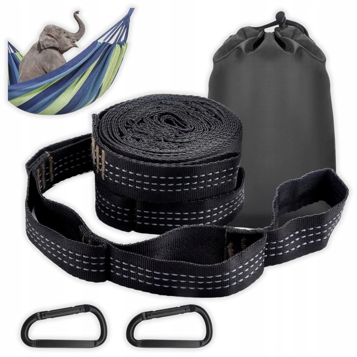 Set de curele de prindere pentru hamac, 300 kg, 2x300cm, 18 bucle, poliester, cu carabiniere din aluminiu, sac de transport