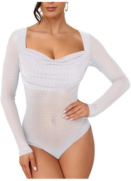 Body dama transparent cu strasuri, marimea M, maneca lunga, cu capse, culoare alb