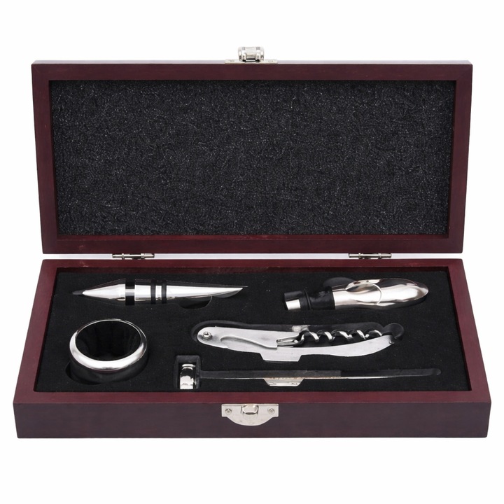 Set accesorii vin 5 piese in cutie din lemn, tirbuson cu parghie, termometru, dop, turnator, inel sticla, 23 x 13 x 4.5 cm, Inox/Lemn