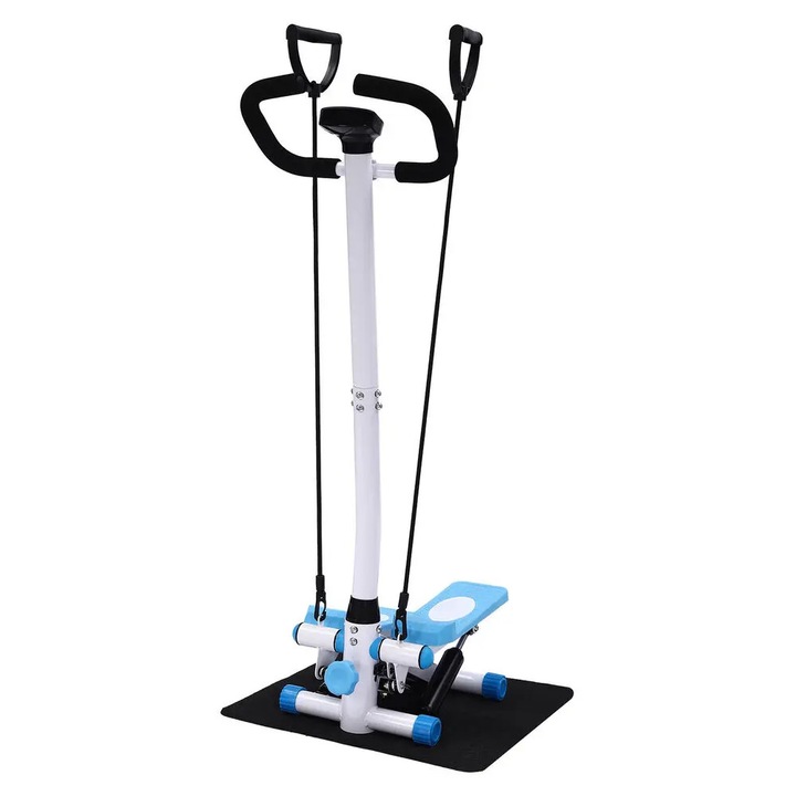 Fitness Stepper, Stepper Cu Manere, Benzi De Rezistenta 90 cm, Sarcina Maxima 150 kg, 29×39×110 cm, Cadru Din Otel, Albastru/Alb