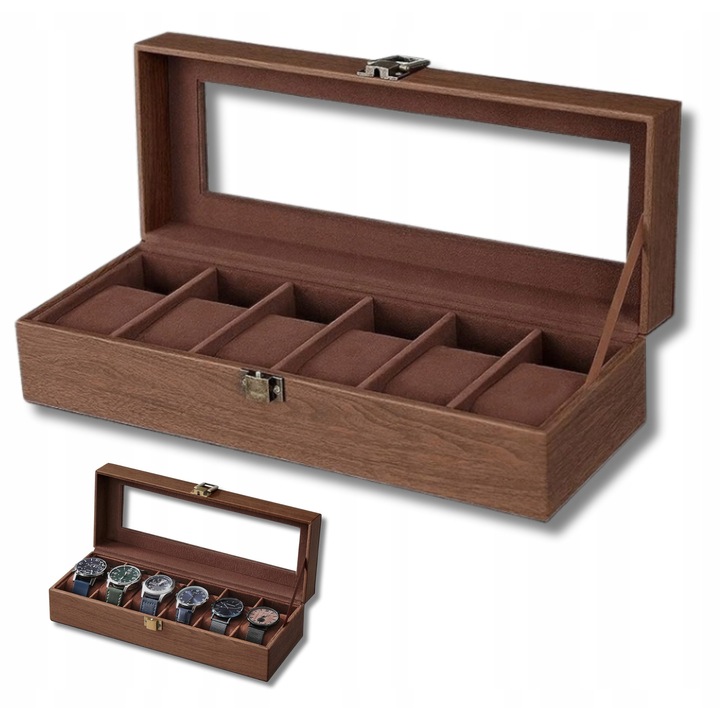 Cutie pentru ceasuri, 6 compartimente, brown, 30x11x8cm