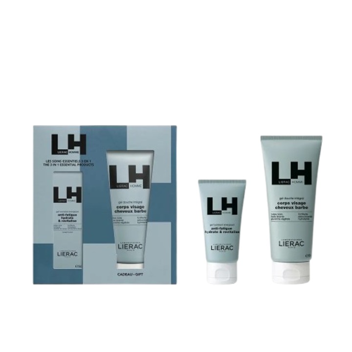 Set complet de îngrijire bărbați Lierac, gel hidratant 50 ml, gel de duș 200 ml, hidratant, energizant