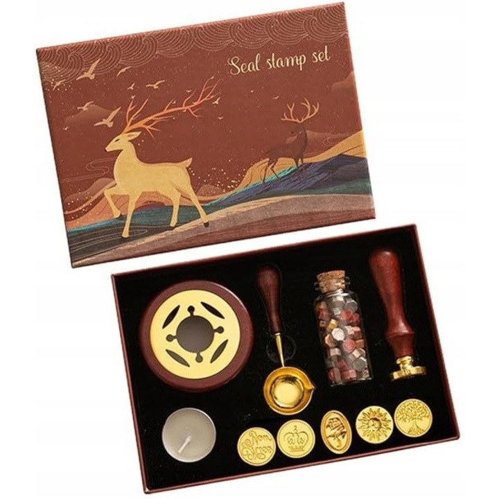 Set de sigilii din ceara, 1 incalzitor, 1 lingura, 1 recipient cu ceara, 5 capete de rezerva, multicolor