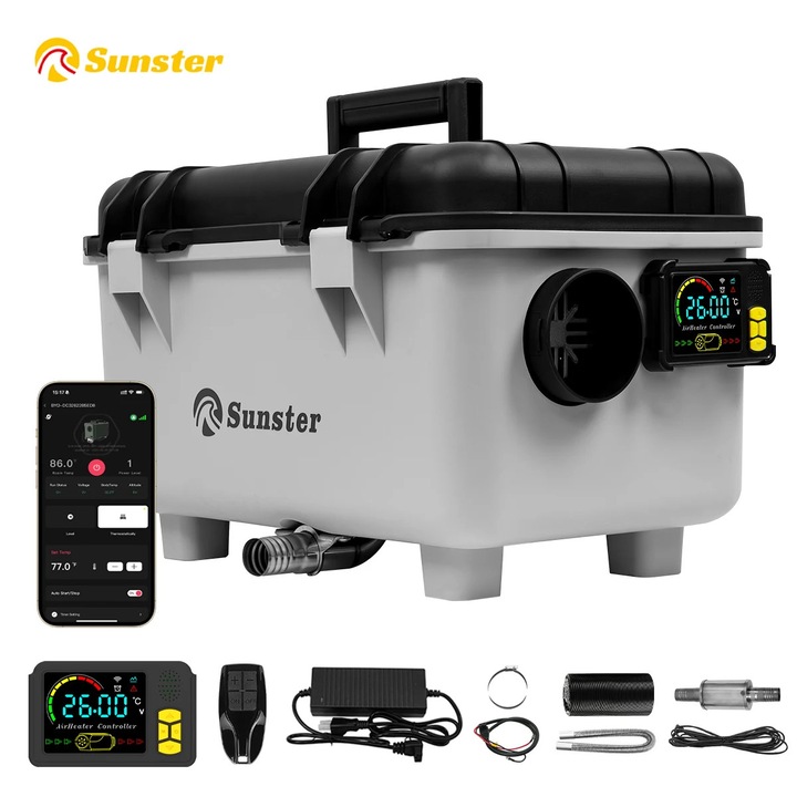 TB30 hordozható dízel fűtés, 8 kW, fekete, 12V/24V & 110-240V, LCD vezérlés/távirányító/Bluetooth, 20-25 m