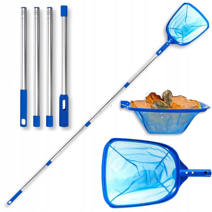 Set podbierak pentru curatarea piscinei cu tija telescopica 200cm, adancime plasa 14cm, albastru, 4 tuburi de aluminiu