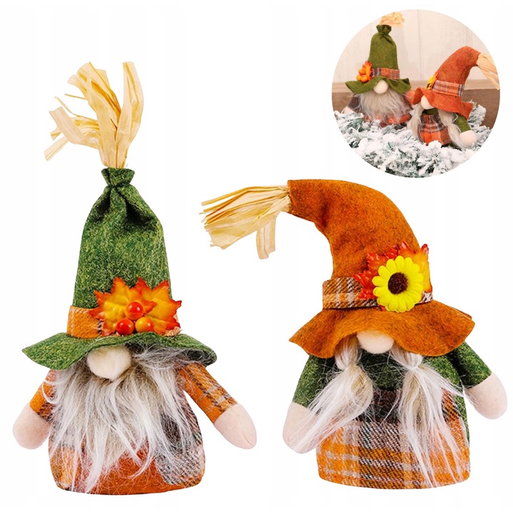 Комплект есенни декорации, 2 фигурки на гноми, текстилен материал, многоцветен