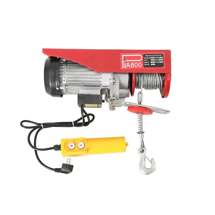 Troliu electric 1300W, ridicare 800kg, cablu otel, 12m, telecomanda cablu