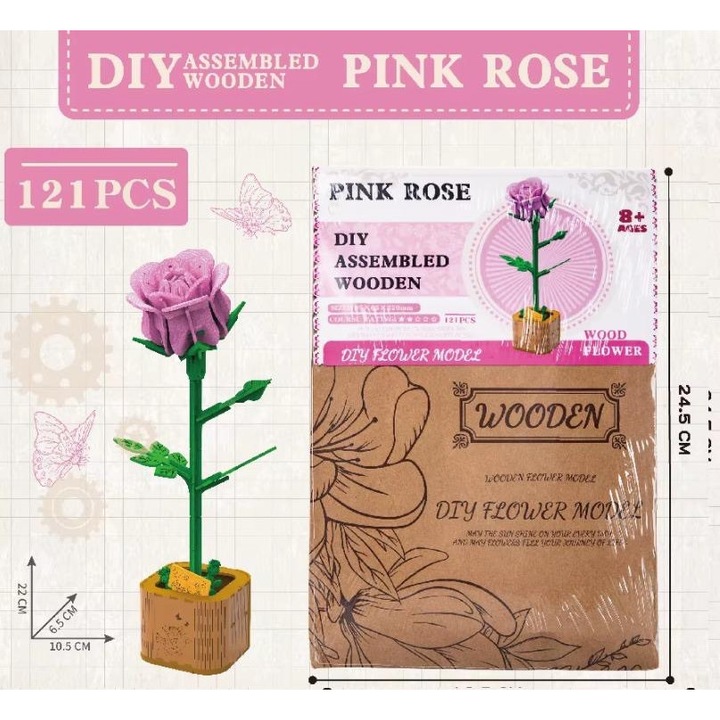 Set creativ DIY floare decorativa din lemn pentru asamblare si pictura, 121 piese - Trandafir roz