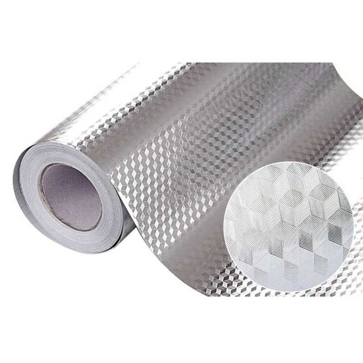 Set Doua Bucati Folie Autocolant Aluminiu Autoadeziva Pentru Mobilier Si Bucatarie 60 x 300cm Model Cub 3D
