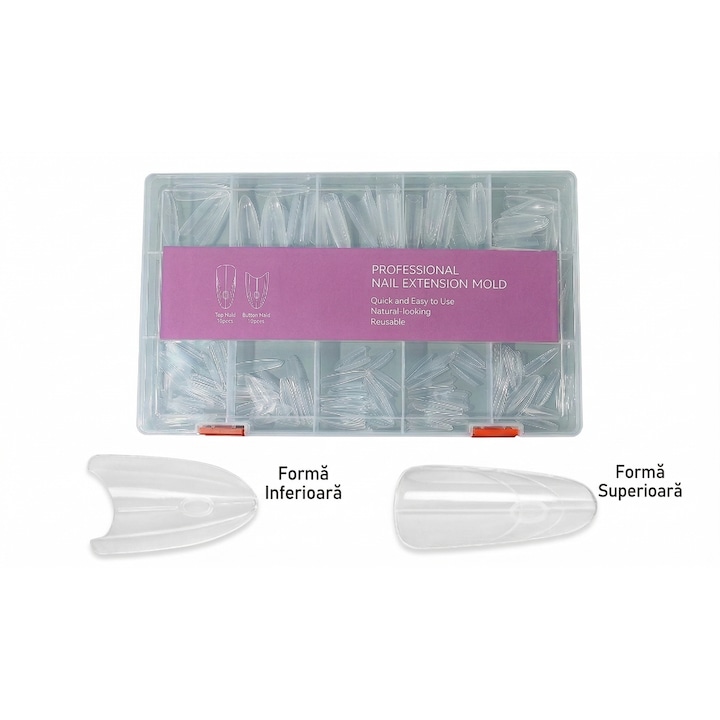 Set 240 Forme Duale Reutilizabile pentru Extensie Unghii, Model Oval, 15 Marimi, Transparent, Ideal pentru Polygel si Acryl