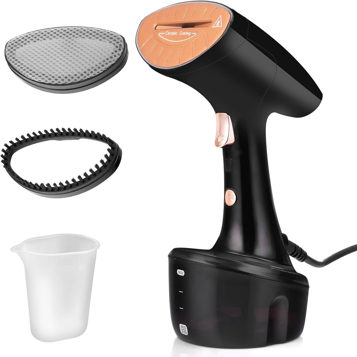 Aparat de calcat cu abur, 1600 W, debit de abur 25 g/min, rezervor de apa detasabil de 300 ml, perie de calcat cu abur verticala si orizontala, 2 duze incluse, 2 niveluri de putere, oprire automata, compact si usor, negru