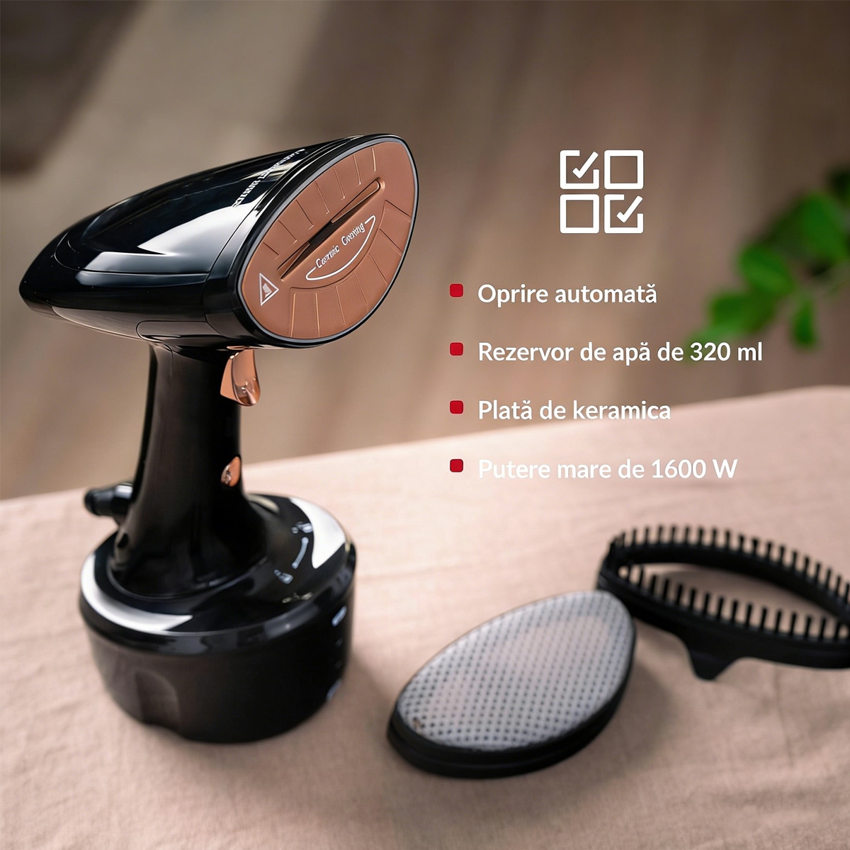 Aparat de calcat cu abur, 1600 W, debit de abur 25 g/min, rezervor de apa detasabil de 300 ml, perie de calcat cu abur verticala si orizontala, 2 duze incluse, 2 niveluri de putere, oprire automata, compact si usor, negru