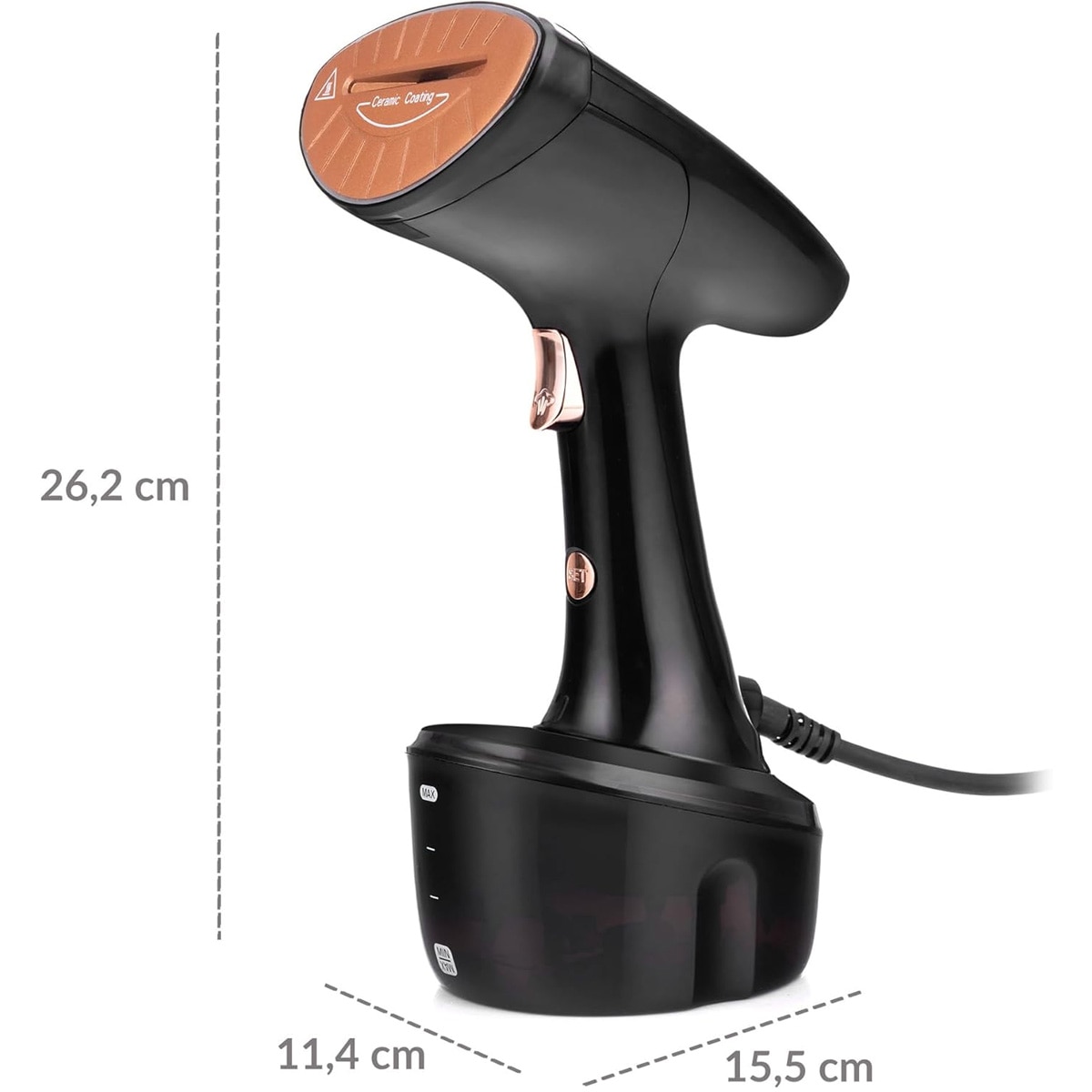 Aparat de calcat cu abur, 1600 W, debit de abur 25 g/min, rezervor de apa detasabil de 300 ml, perie de calcat cu abur verticala si orizontala, 2 duze incluse, 2 niveluri de putere, oprire automata, compact si usor, negru
