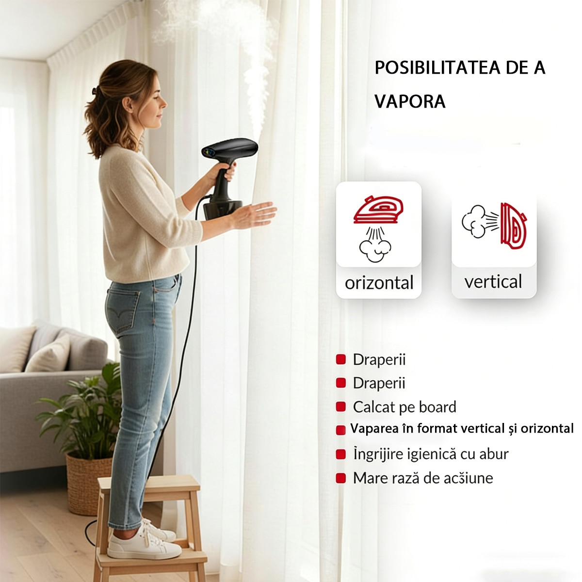Aparat de calcat cu abur, 1600 W, debit de abur 25 g/min, rezervor de apa detasabil de 300 ml, perie de calcat cu abur verticala si orizontala, 2 duze incluse, 2 niveluri de putere, oprire automata, compact si usor, negru