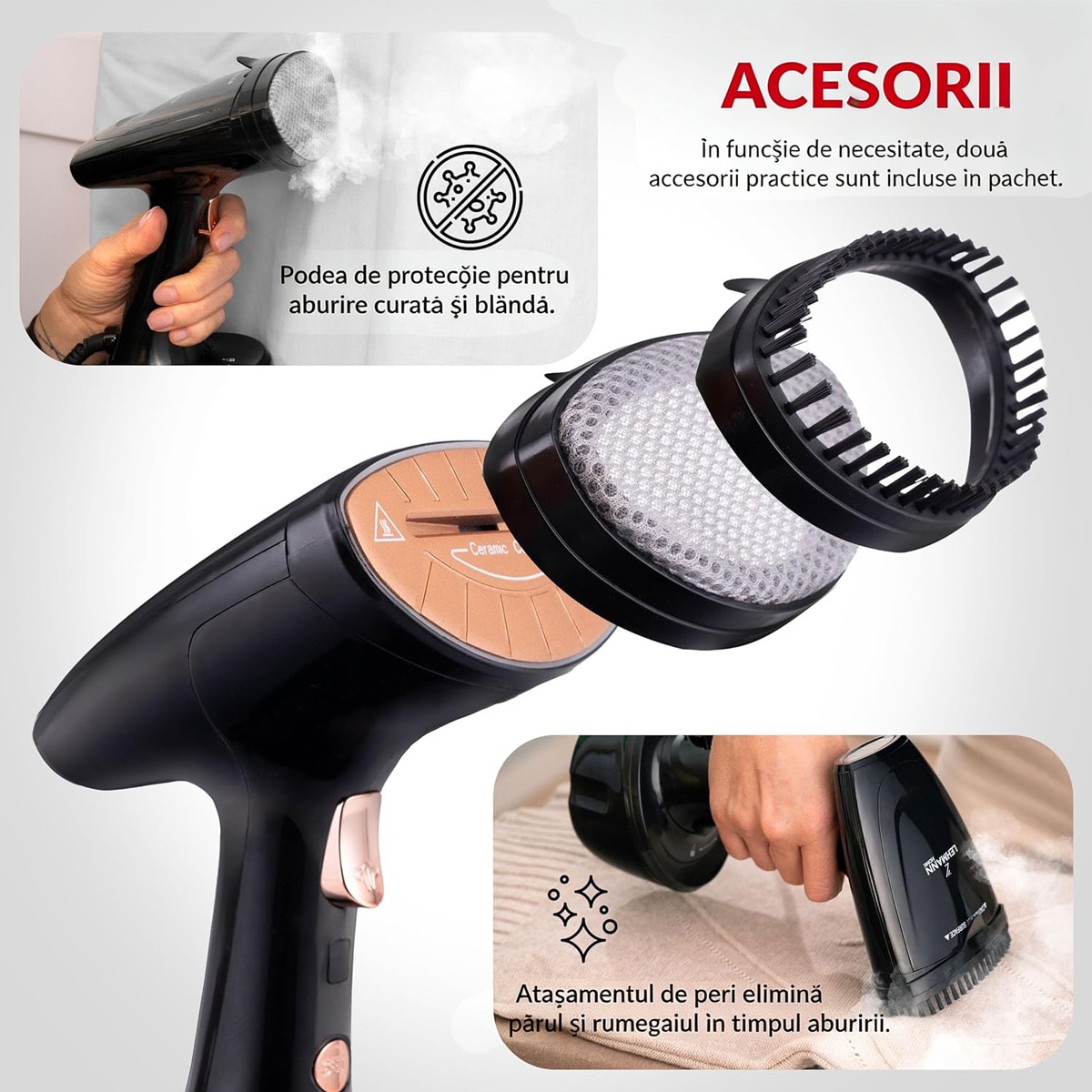 Aparat de calcat cu abur, 1600 W, debit de abur 25 g/min, rezervor de apa detasabil de 300 ml, perie de calcat cu abur verticala si orizontala, 2 duze incluse, 2 niveluri de putere, oprire automata, compact si usor, negru