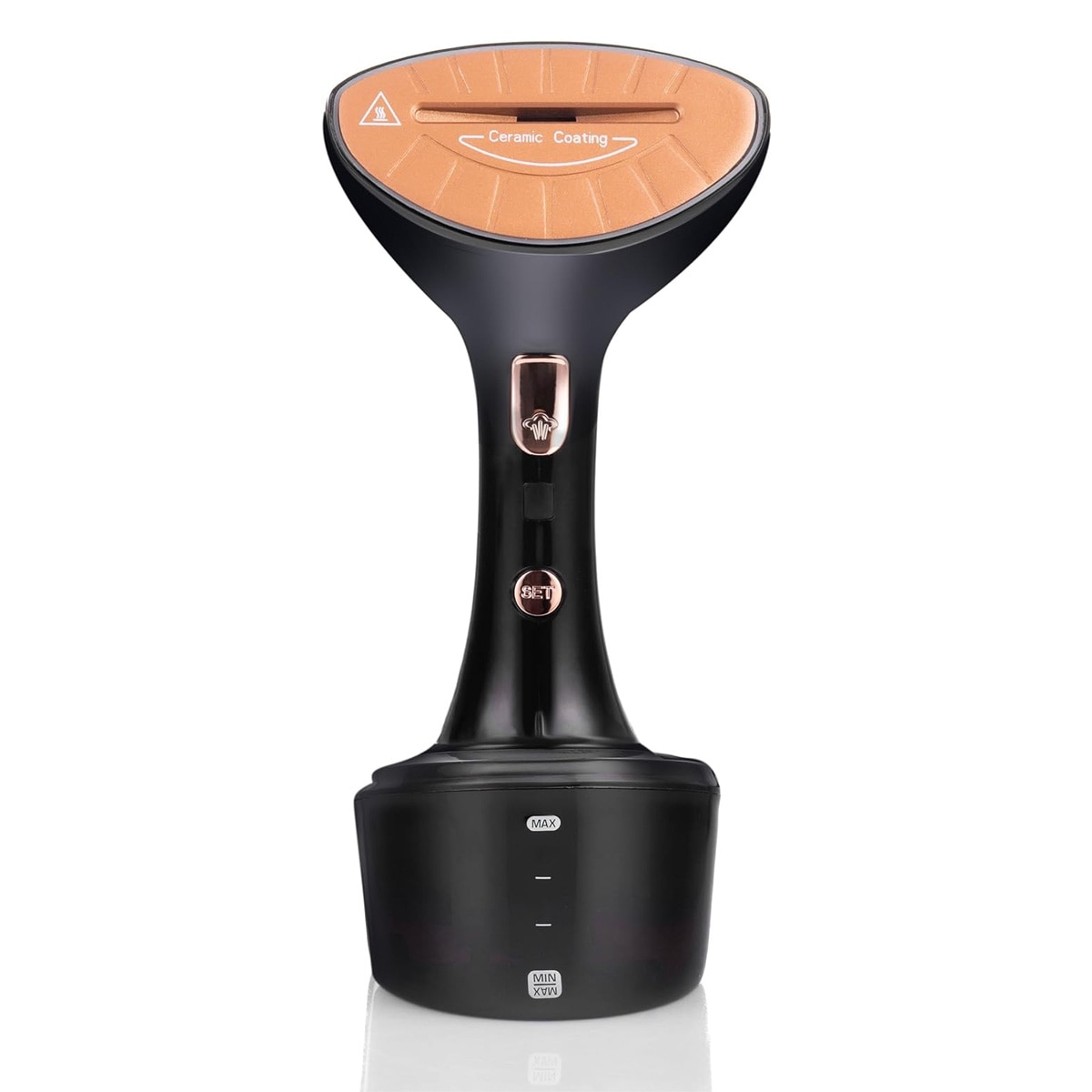 Aparat de calcat cu abur, 1600 W, debit de abur 25 g/min, rezervor de apa detasabil de 300 ml, perie de calcat cu abur verticala si orizontala, 2 duze incluse, 2 niveluri de putere, oprire automata, compact si usor, negru