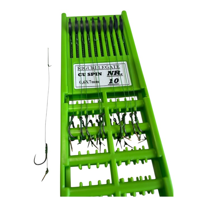 Carlige gata legate crap Smax nr 10 cu spin, set 20 bucati gata legate, carlig wide gape teflonat, fir textil X8, cu suport