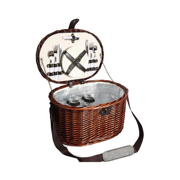 Cos de picnic pentru 2 persoane din rachita naturala maro cu vesela, tacamuri si compartiment frigorific ZQ23-1240