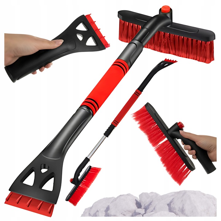 Racleta telescopica 2 in 1, cu perie, pentru indepartarea zapezii, 80-95 cm, negru-rosu, set