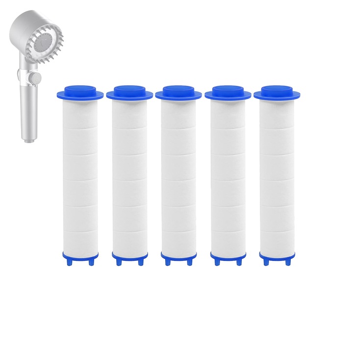Set 5 filtre para dus NEXTLY, bumbac PP, 3 straturi, purificare apa, montare usoara, 8.5x2.5cm, alb-albastru
