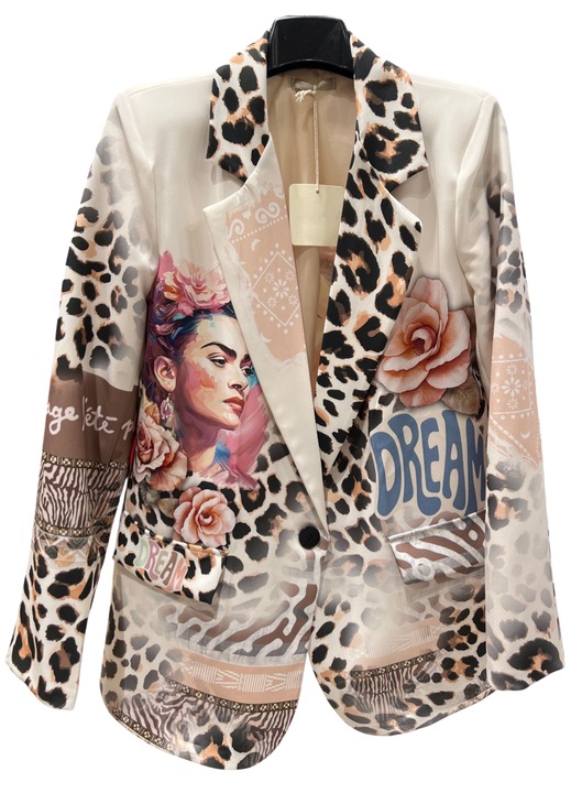 Sacou dama casual oversize bej imprimeu Frida, M/L