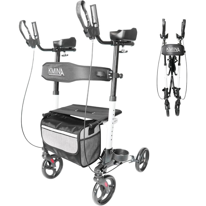 Rolator din aluminiu cu 4 roti, pliabil, geanta cumparaturi detasabila, inaltime reglabila, sprijin pe antebrate, negru, KMINA