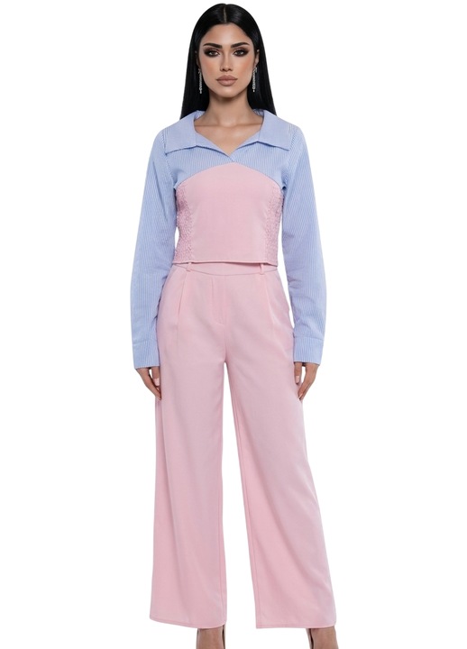 Costum dama casual roz albastru pantaloni largi, S/M