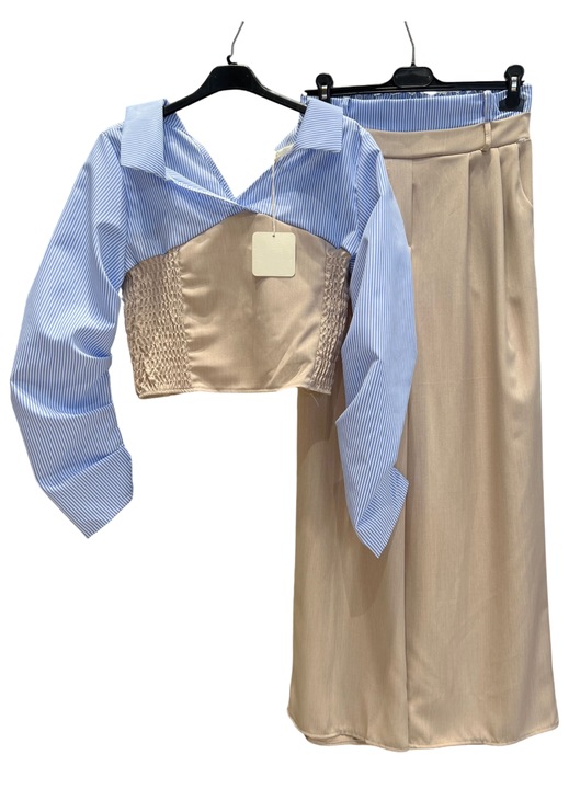 Costum dama casual bej albastru pantaloni largi, S/M